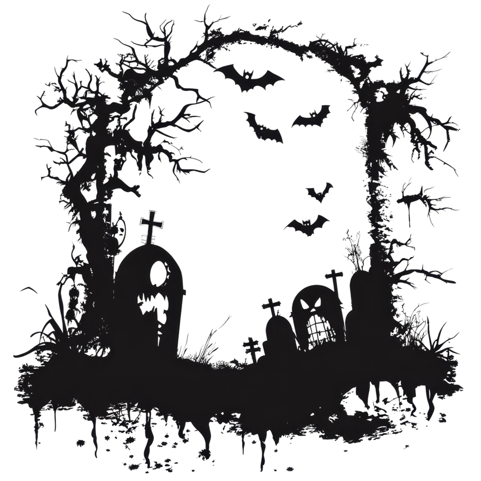 Spooky Halloween rectangular frame featuring graves, bats, and eerie trees for festive decoration, Halloween Themed Rectangular Frame Spooky Clipart Isolated on transparent background png