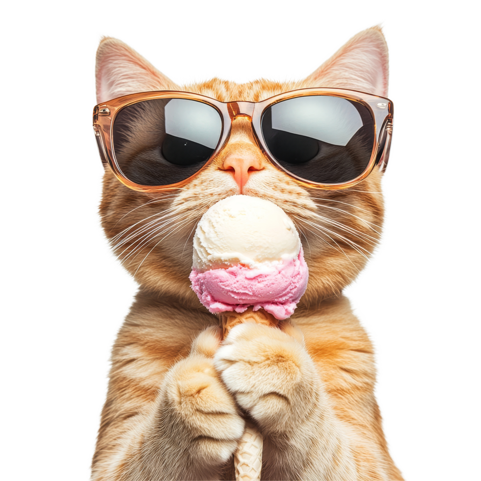 A funny cat with sunglasses enjoys licking ice cream in a casual summer setting, Funny cat wearing sunglasses, licking ice cream, transparent background png