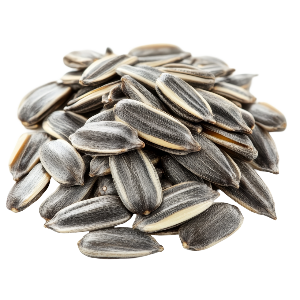 Sunflower seeds piled high on a clean transparent surface showcasing their distinct shapes and textures, sunflower seeds isolated on transparent background png