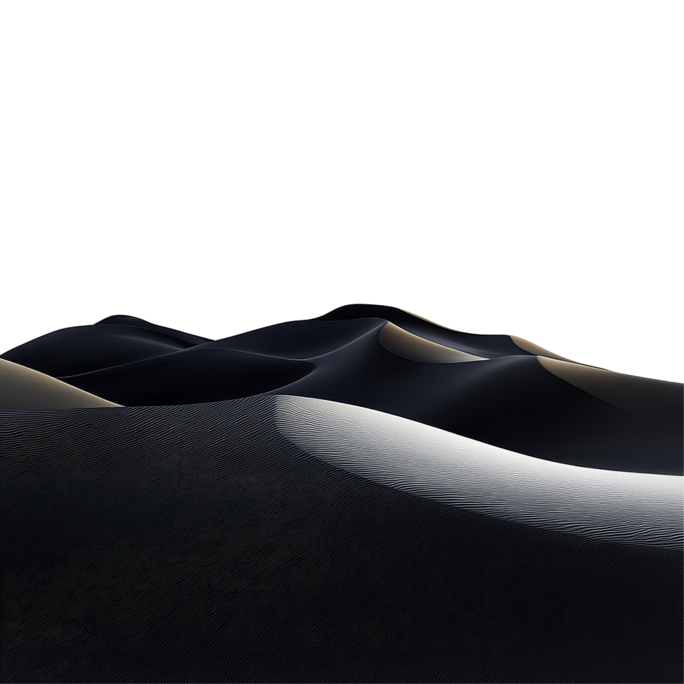 Dramatic black desert landscape with smooth dunes and rolling hills under clear sky, black desert with dunes and hills landscape isolated on transparent background png