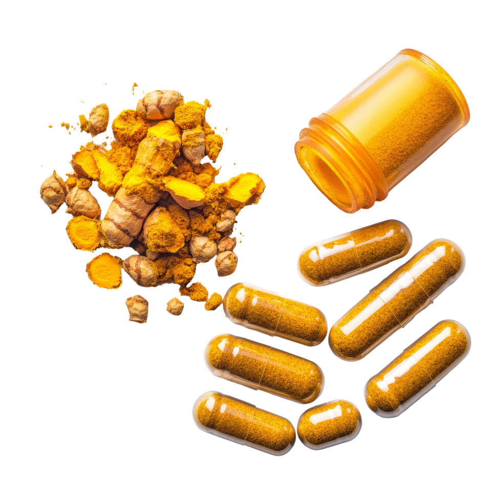 Turmeric root powder and capsules displayed on a transparent background for dietary supplement review, Turmeric and turmeric capsules on transparent background png
