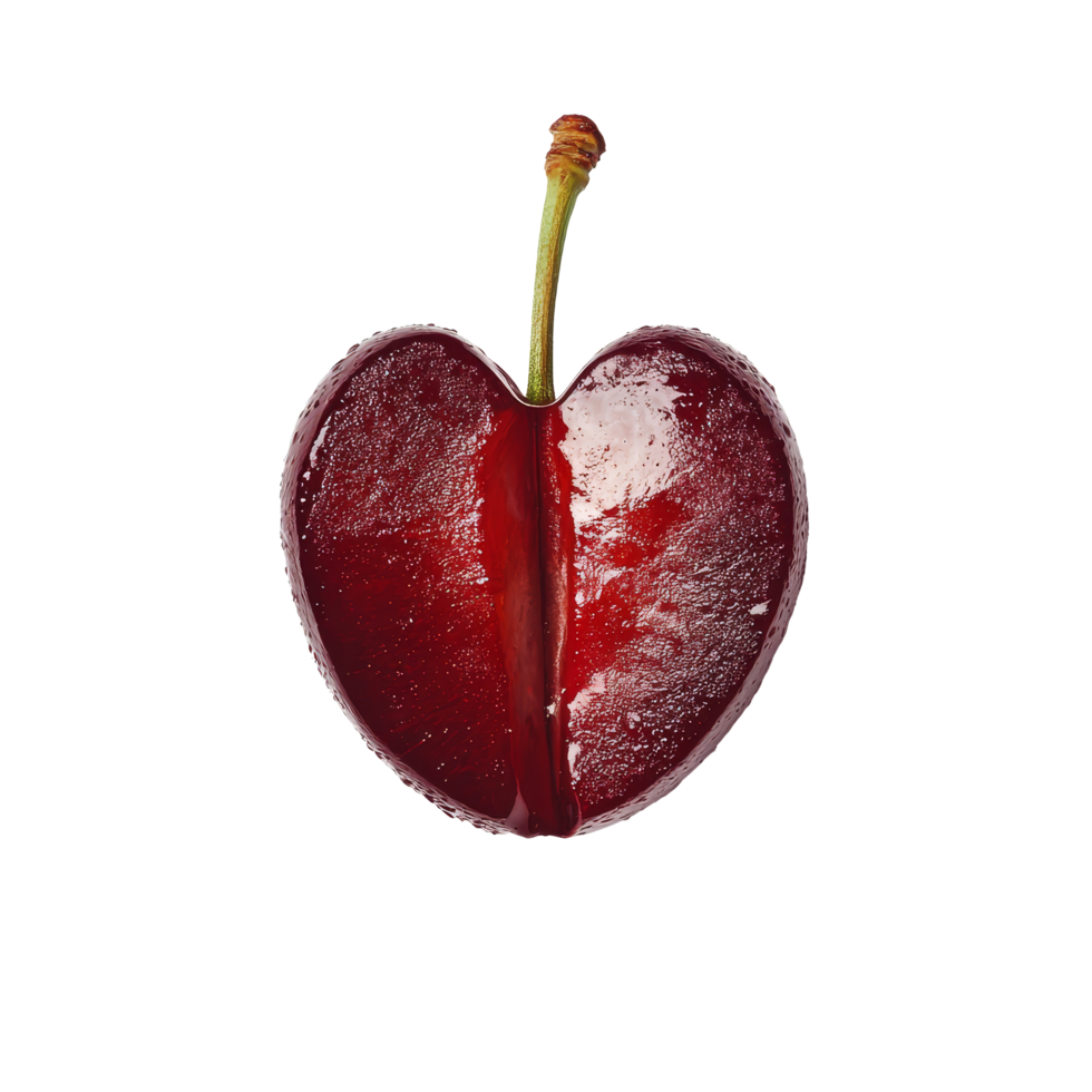 Closeup view of a halfcut red cherry showing its vibrant color and glossy texture against a transparent background, half red cherry close up on transparent background png