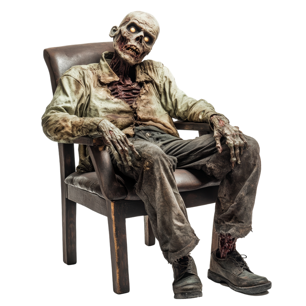 A spooky zombie sits in a chair with a haunting expression, isolated on a transparent background during Halloween, Spooky Zombie Sitting in Chair Isolated on transparent background png