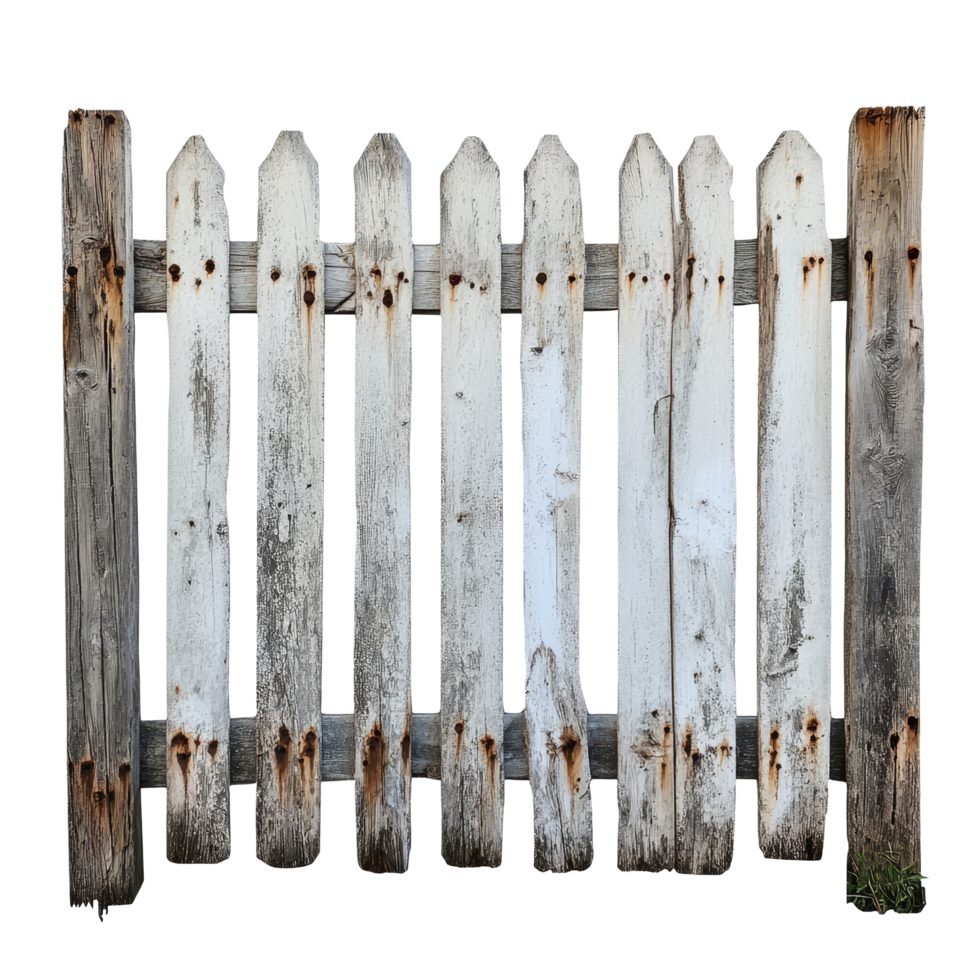 An old wooden fence against a transparent background showing weathered wood and rustic charm, old wooden fence transparent background png