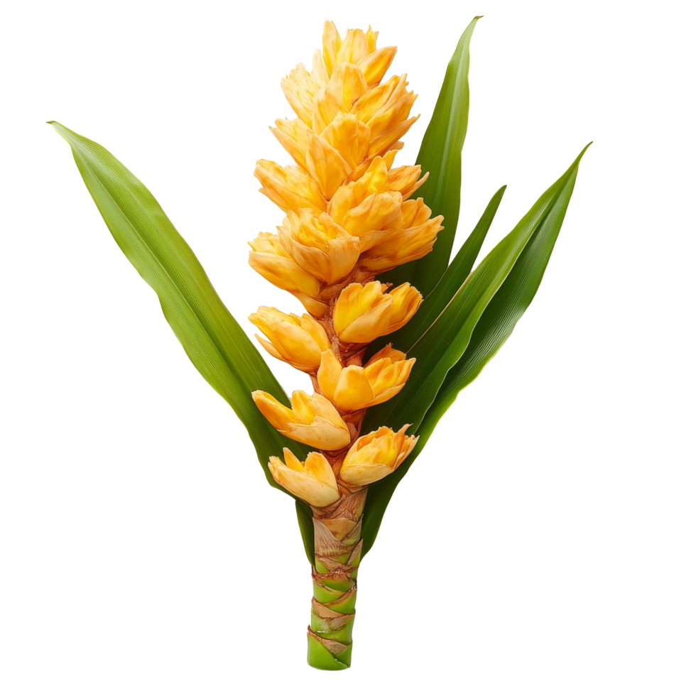 Curcuma latifolia Roscoe flower arrangement displayed on a transparent background highlighting its vibrant yellow color and green leaves, Curcuma latifolia Roscoe on transparent background png