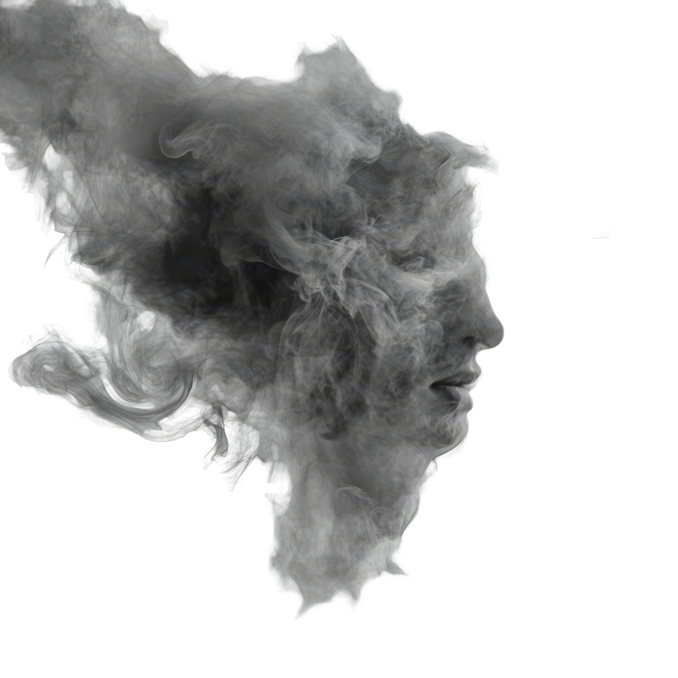 Ethereal grey mist and smoke art blending into a human silhouette against a transparent backdrop, Grey Mist and Smoke Overlay transparent background png