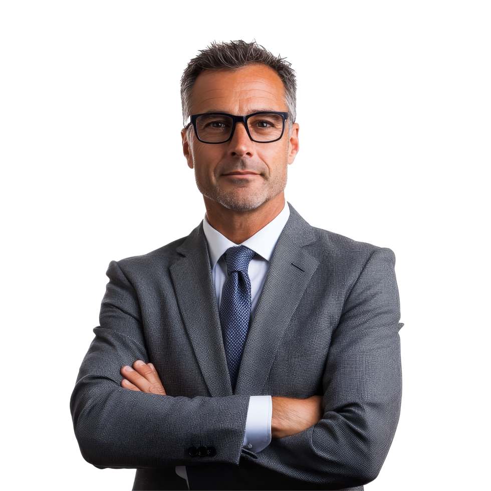 Confident midaged businessman in professional attire standing isolated on a transparent background with arms crossed, midaged business man isolated on transparent background png
