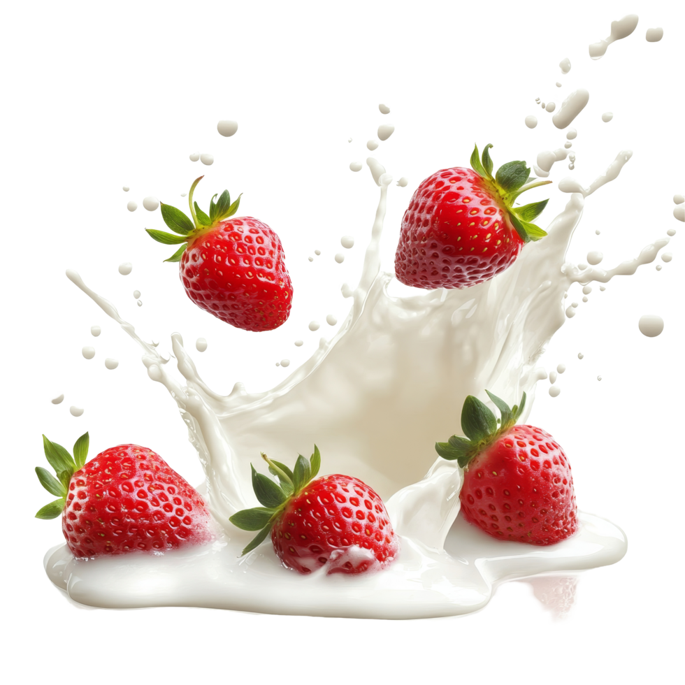 Fresh strawberries create a dynamic splash in creamy milk for a vibrant culinary presentation, Milk splash with strawberries isolated png