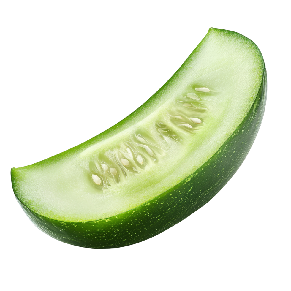 Freshly sliced green cucumber piece isolated on a transparent background ready for culinary use in salads or garnishes, slice green cucumber isolated on transparent background png