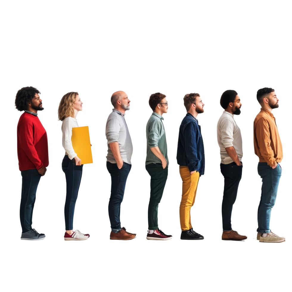 Diverse group of people waiting in line with focused expressions in a minimalist setting, Diverse people waiting patiently in line png