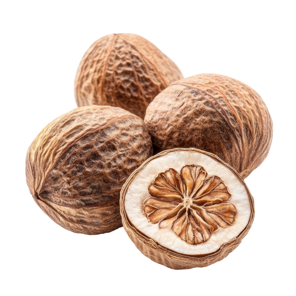 Freshly harvested nutmeg seeds displayed on a transparent background highlighting their unique texture and shape, nutmeg isolated on transparent background png