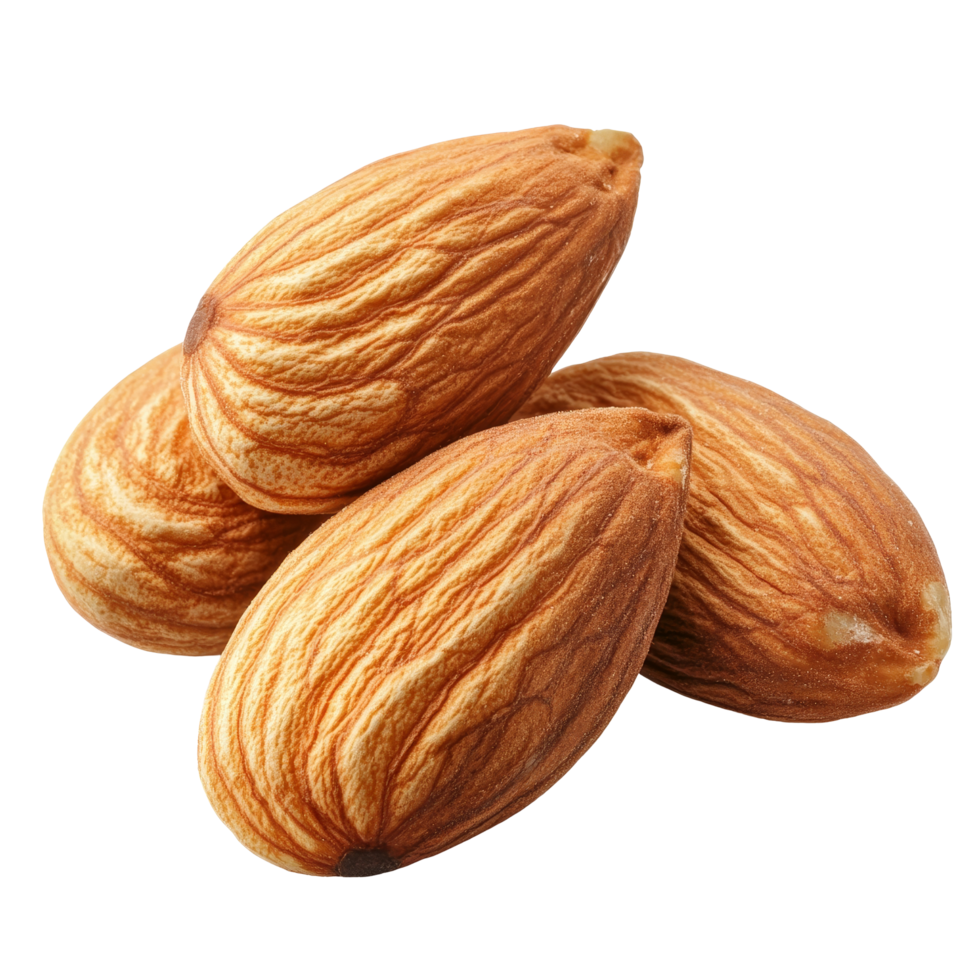 Closeup view of raw almonds with textured skin against a transparent background showcasing their natural beauty and nutrientrich qualities, Closeup of almonds, isolated on transparent background png