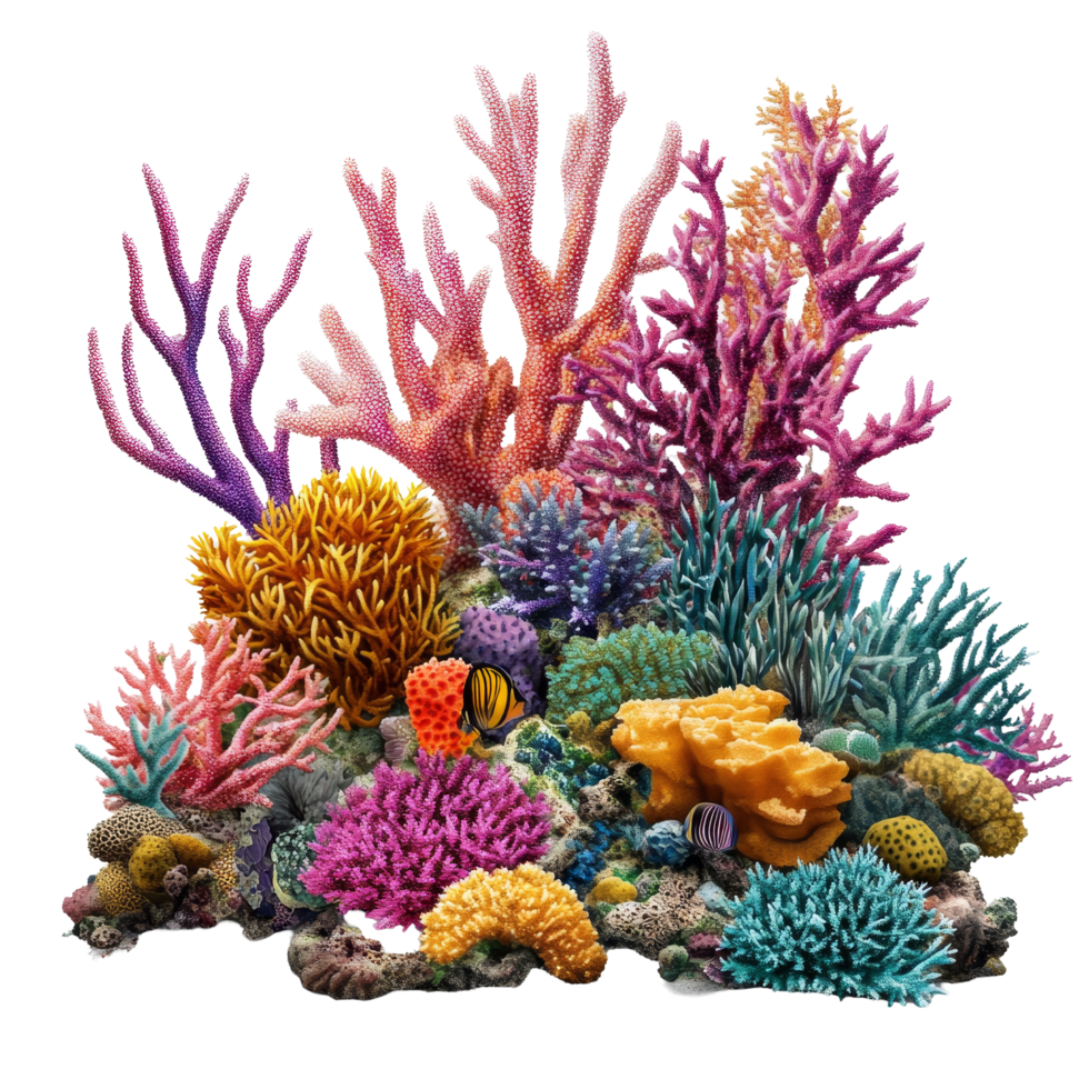 Vibrant coral reefs showcasing diverse marine life, surrounded by colorful corals on a bright transparent backdrop, Colorful Coral Reefs Isolated on transparent background png
