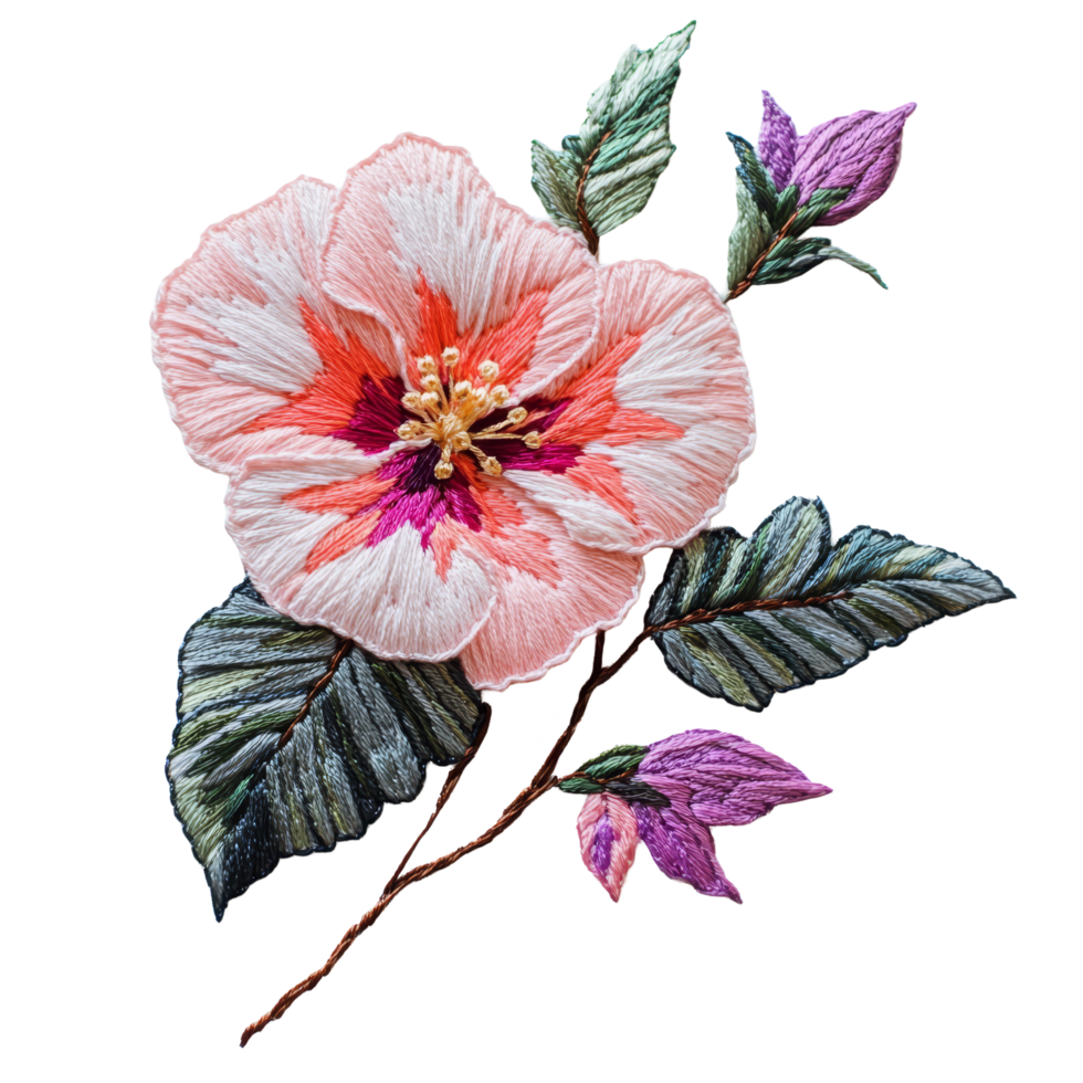 Vibrant embroidery of delicate flowers on a transparent background showcasing intricate craftsmanship and color contrast, Embroidery flower on a transparent background. Flower transparent background png