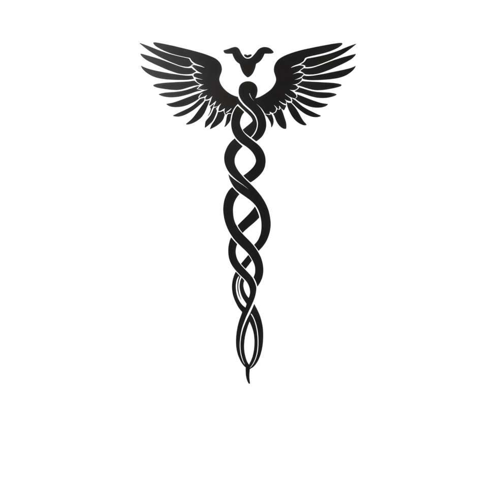 Caduceus medical symbol in black silhouette on a transparent background with stylish decor, Caduceus Medical Symbol transparent background png