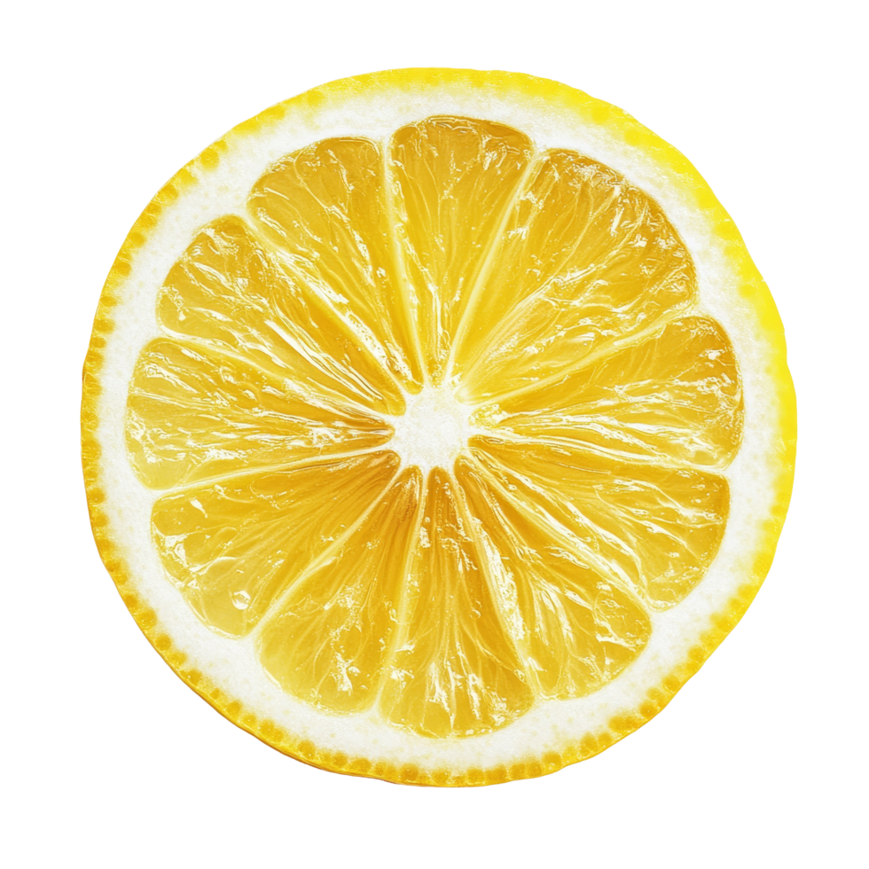 Fresh lemon slice isolated on a clean transparent background, showcasing its vibrant yellow color and texture, lemon slice isolated on transparent background background png