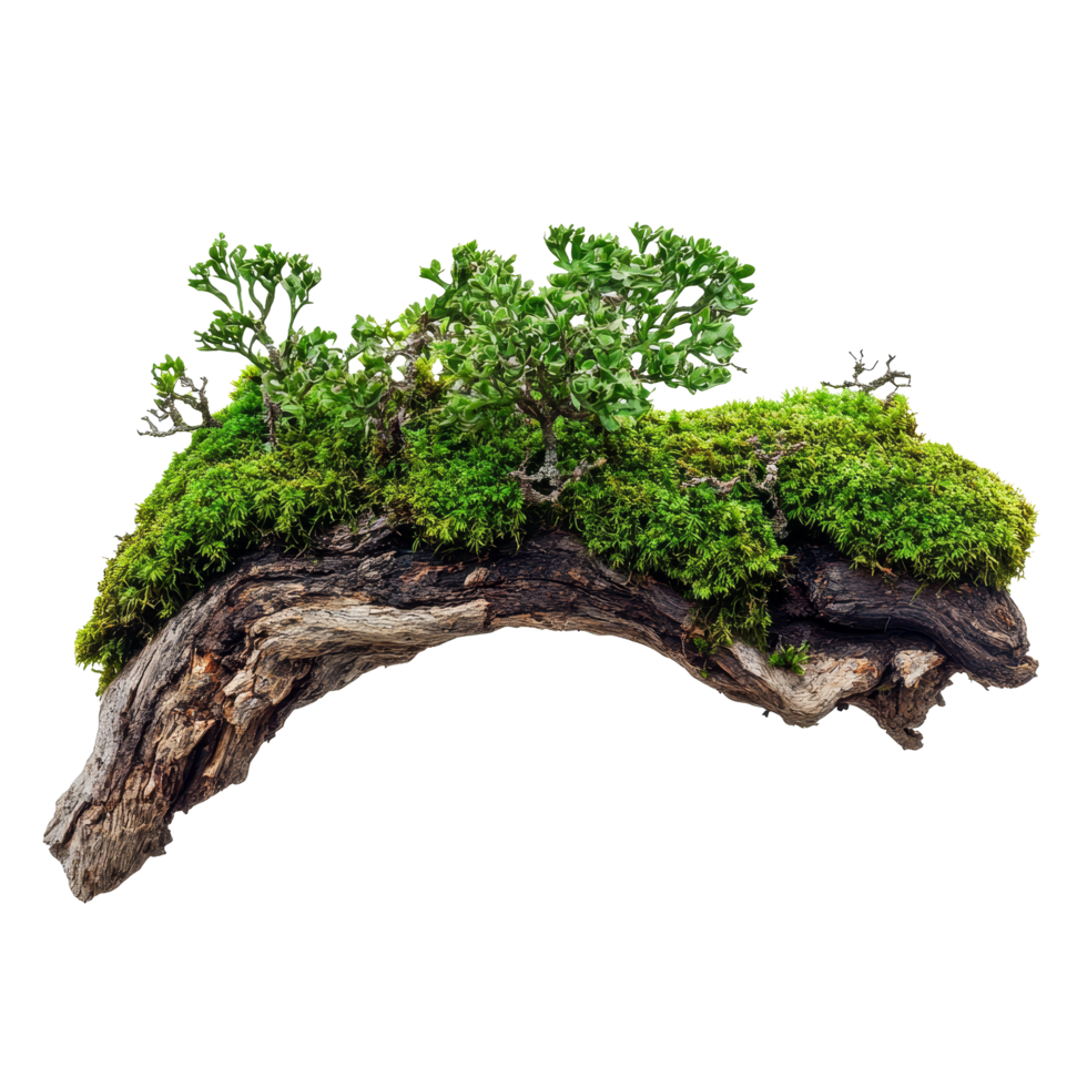 Vibrant green moss enveloping a decayed branch, showcasing natures resilience and beauty in a bright setting, Green moss on rotten branch template, isolated transparent background png