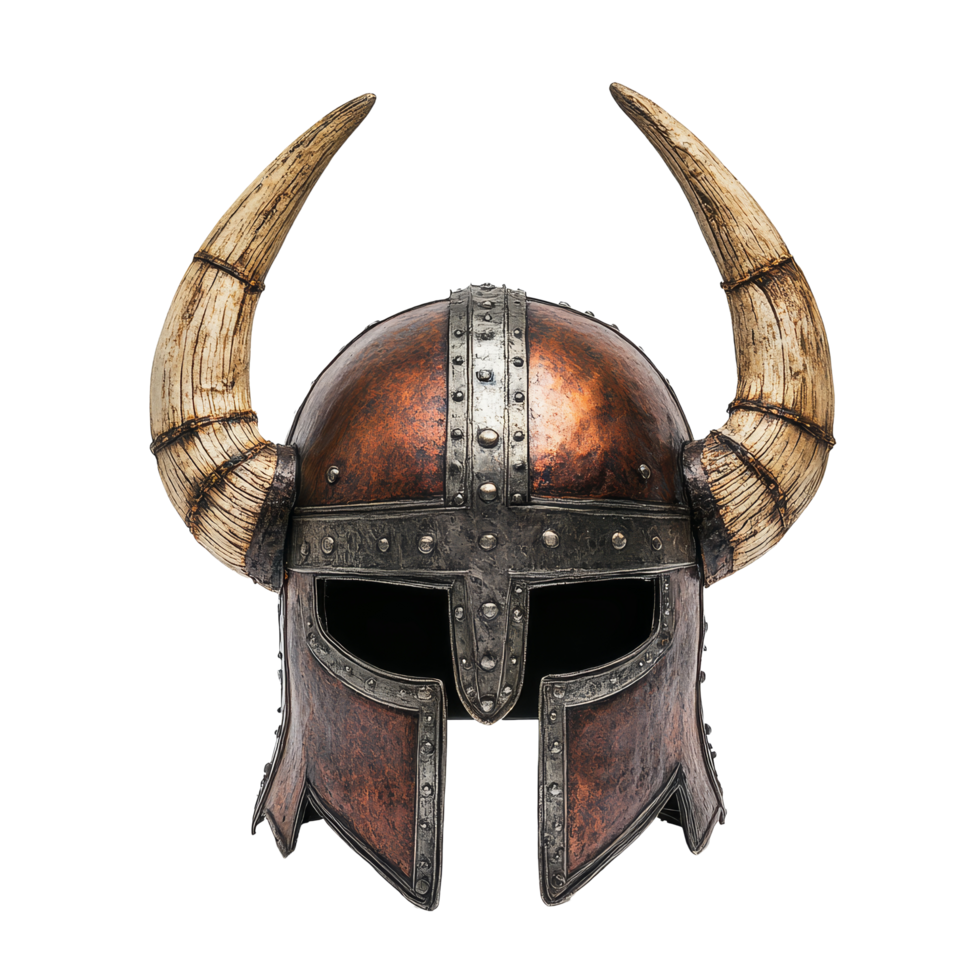 A detailed Viking helmet featuring prominent horn embellishments against a clean transparent background, Viking Helmet with Horns on transparent background png