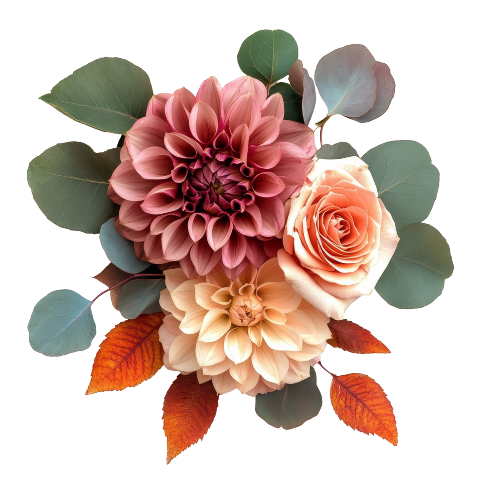 Beautiful autumn floral arrangement featuring dahlia, rose, and eucalyptus leaves in transparent tones, Autumn floral corner border with dahlia, rose and eucalyptus leaves png