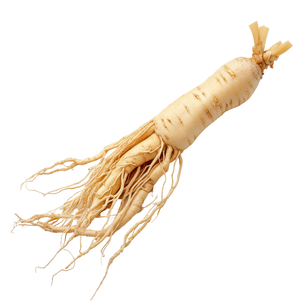 Fresh ginseng root isolated on a transparent background showcasing its unique shape and texture for herbal use, ginseng isolated on transparent background png