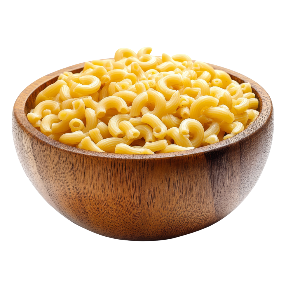 Closeup of macaroni pasta in a wooden bowl showcasing its texture and shape ready for cooking or serving, macaroni pasta close up in wood bowl isolated on transparent background png
