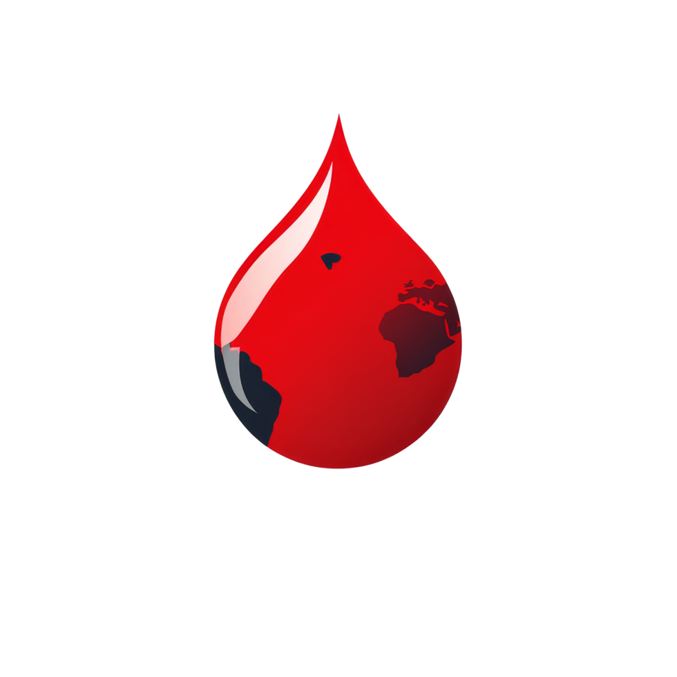 A red droplet encapsulating a globe symbolizes global health and environmental awareness, Single red droplet and earth globe flat logo for blood health event isolated on transparent background png