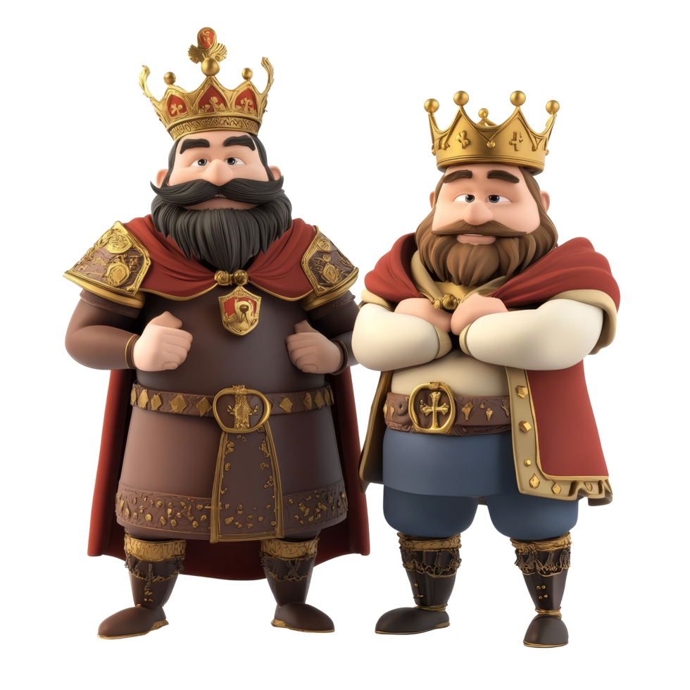 Cartoon kings stand confidently on a transparent background showcasing royal attire and features, 3D Cartoon Kings Characters on transparent background png