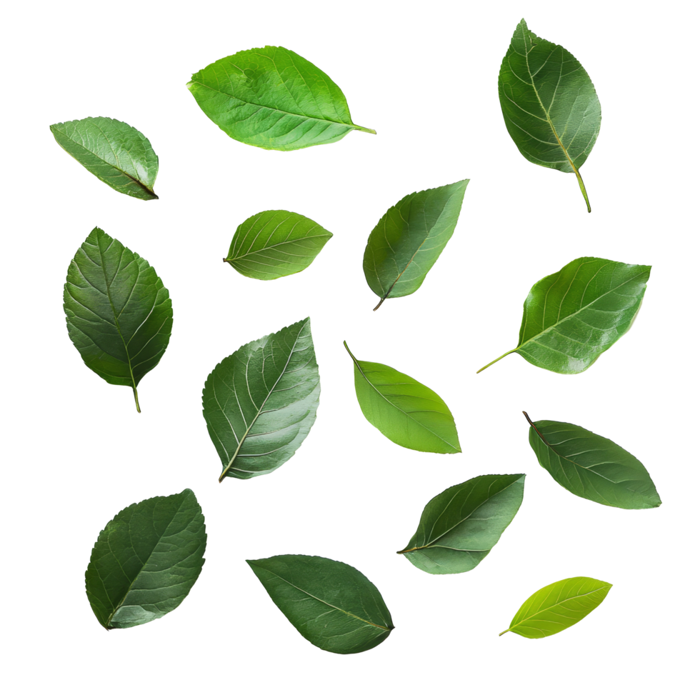 A collection of various green leaves arranged artistically on a transparent background for creative design purposes, Leaves on transparent background png