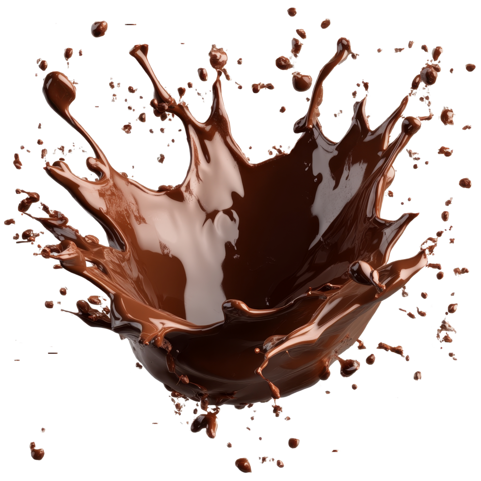 Chocolate splash creating dynamic droplets on a transparent background showcasing rich textures and flavors, Isolated muffin with a cherry on top, transparent background png