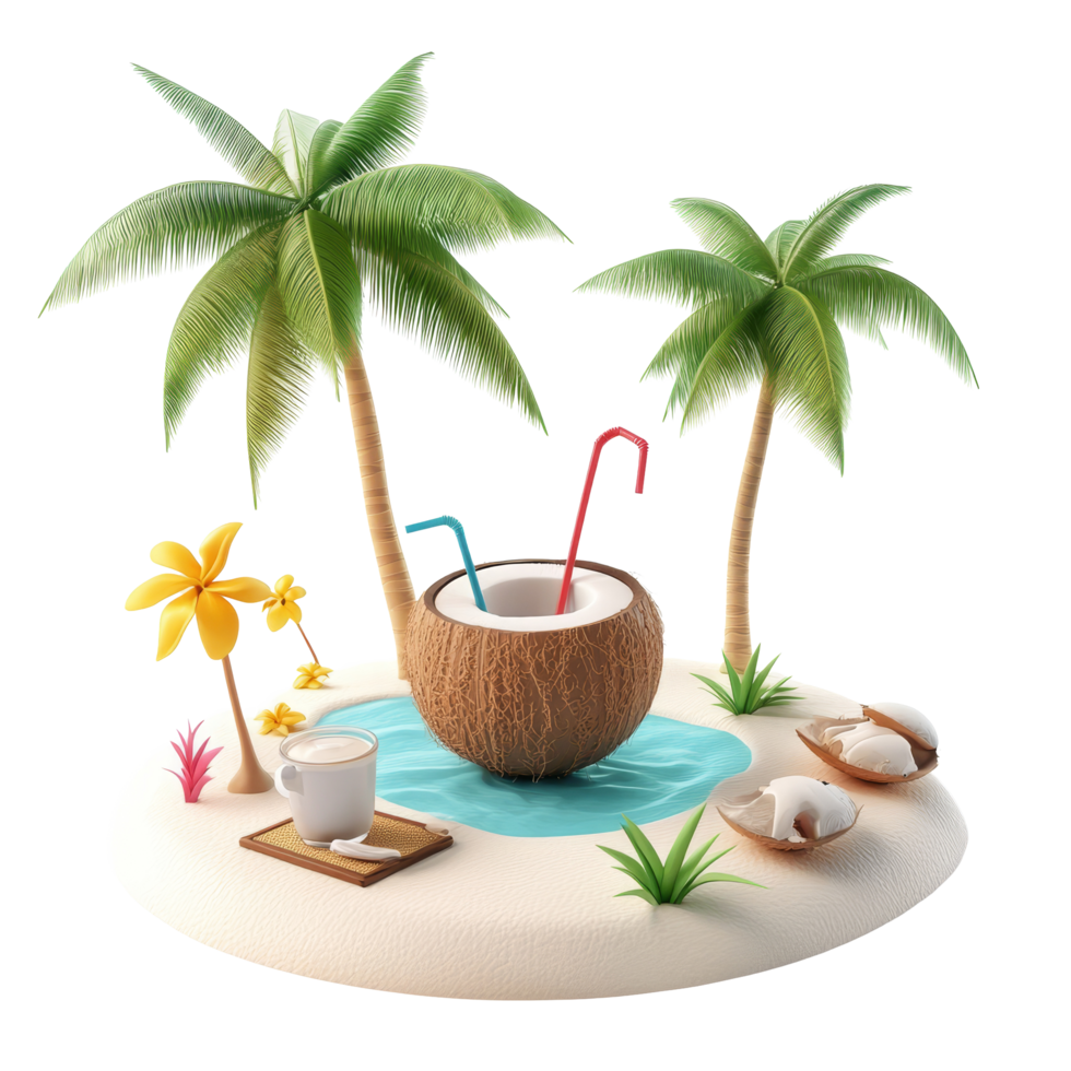 Tropical relaxation scene with coconut drink by the beach under bright sunlight, 3D Cartoon Tropical Relaxation Scene with Coconut Drink On transparent background png