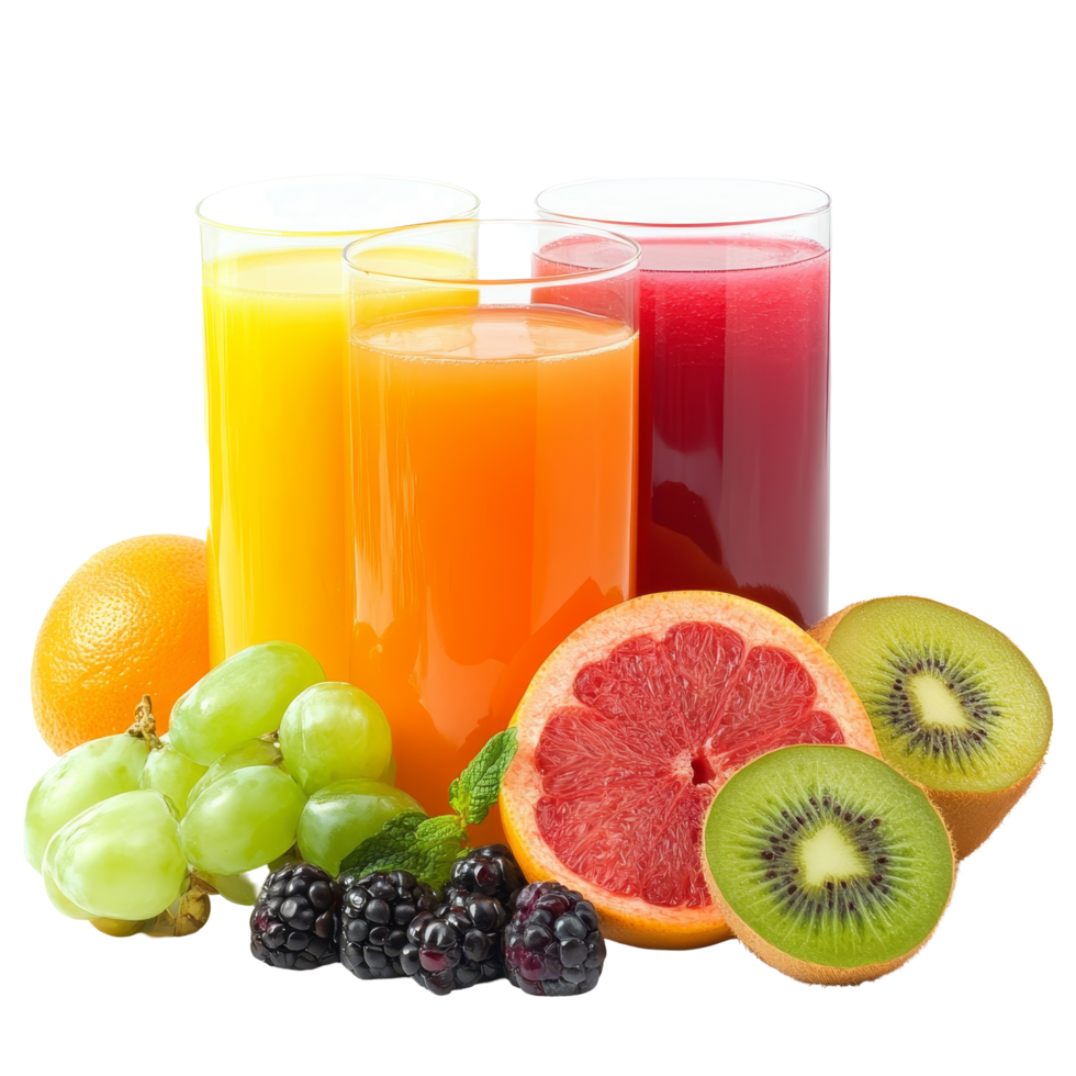 Freshly squeezed juice with vibrant fruits displayed on a transparent background for a refreshing summer treat, juice and fruits png