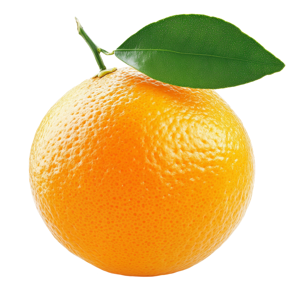 Fresh, ripe orange with green leaf resting on a transparent background for a vibrant and nutritious presentation, sweet ripe orange on transparent background png