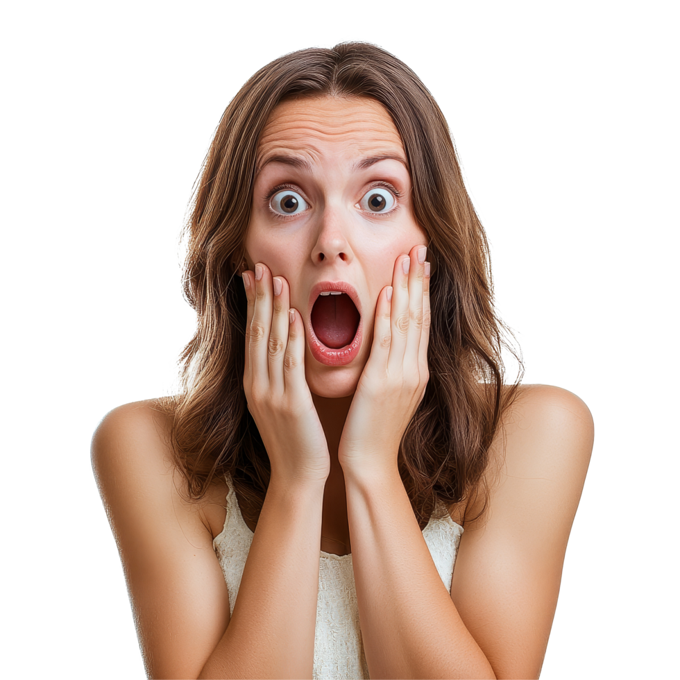 A shocked woman expressing surprise and fear with hands on her face in an isolated setting, shocked woman surprised and scared, file of isolated object on transparent background png