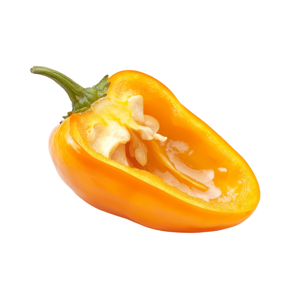 Half of a fresh orange pepper cut open against a clean transparent background showcasing its interior texture, half orange pepper on transparent background png