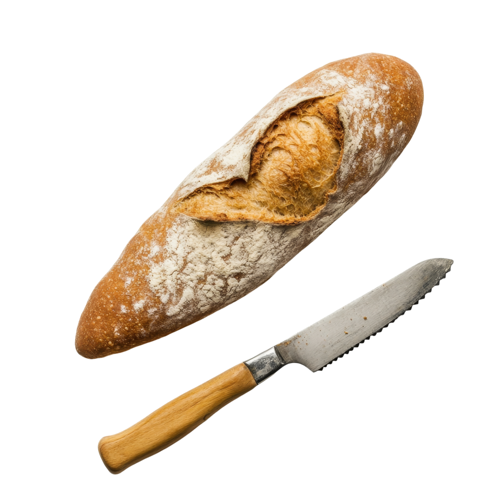 Freshly baked bread and a bread knife on a clean transparent background ready for slicing, Bread and bread knife on transparent background png