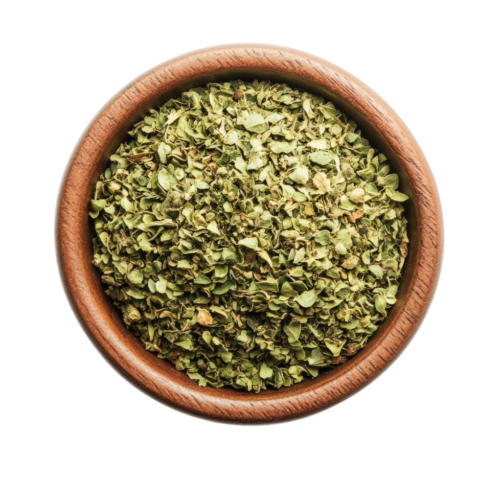 Oregano spice in a wooden bowl on a bright transparent background showcasing its rich green color and texture, Oregano spice in a bowl on transparent background png