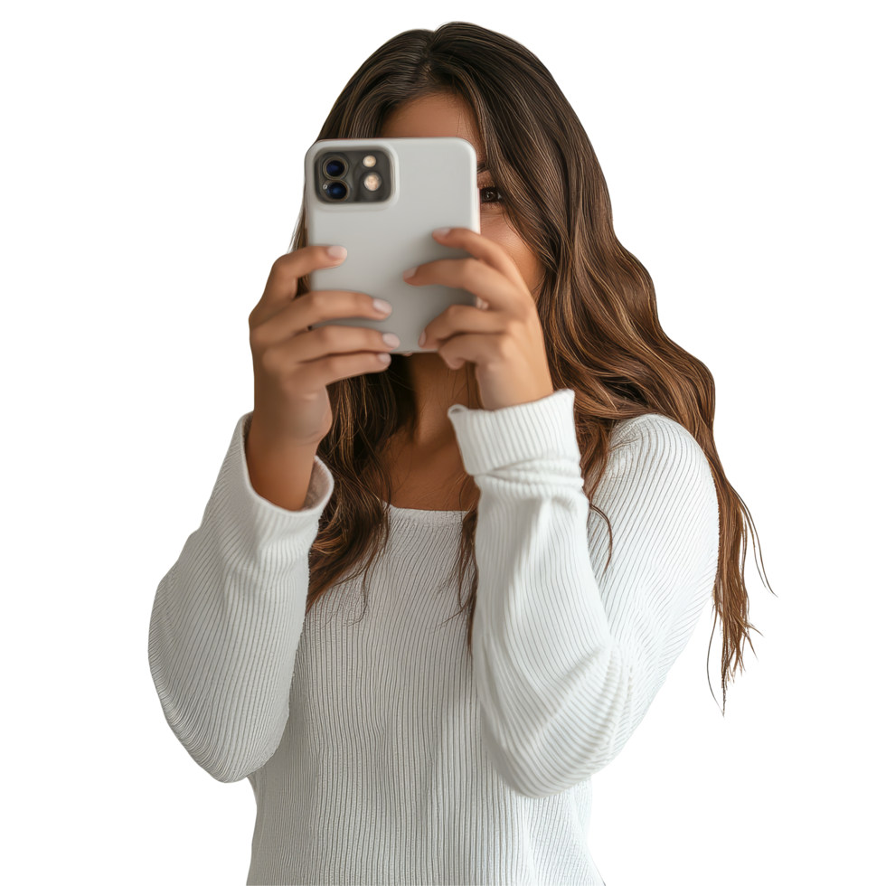 Young woman enjoys taking pictures with her smartphone in a welllit indoor setting during a casual moment, Young woman taking pictures with her smartphone file no background png