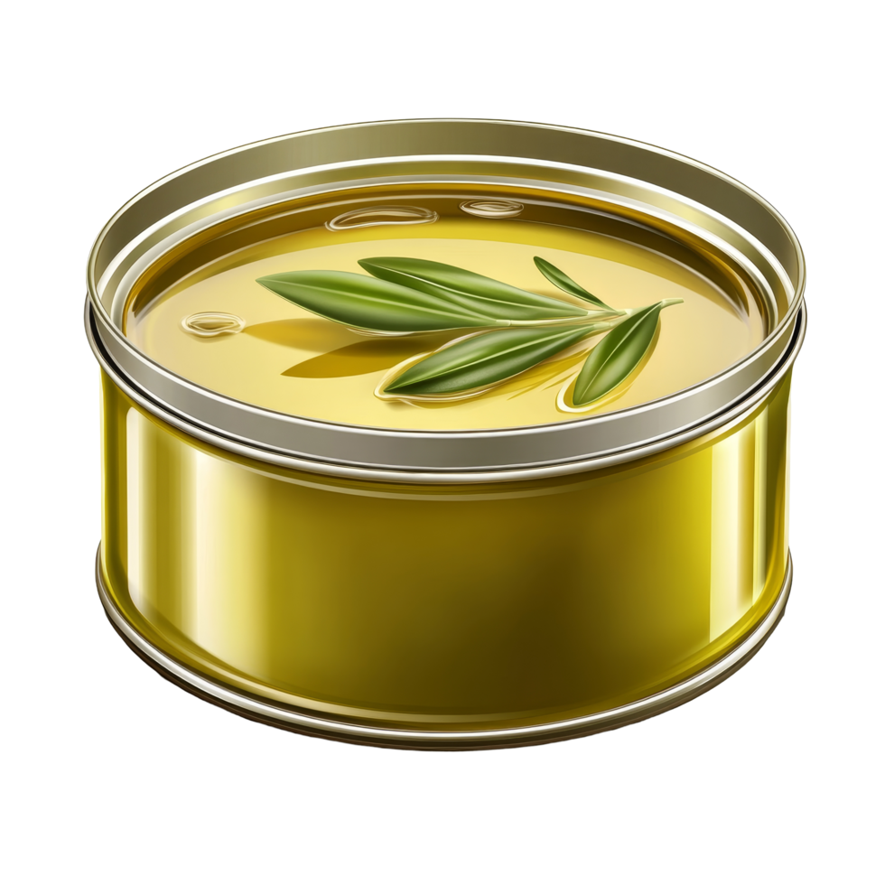 Highquality olive oil in a round can with a green leaf isolated on a clean background, olive oil in can isolated png