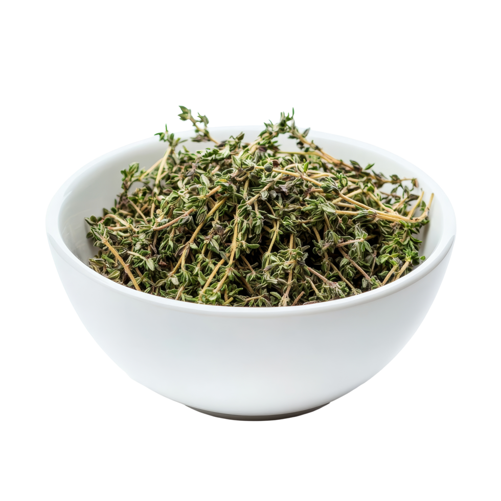 Dried thyme leaves in a transparent bowl on a clean surface for culinary use and seasoning enhancement, dry thyme leaves in transparent bowl isolated on transparent background png
