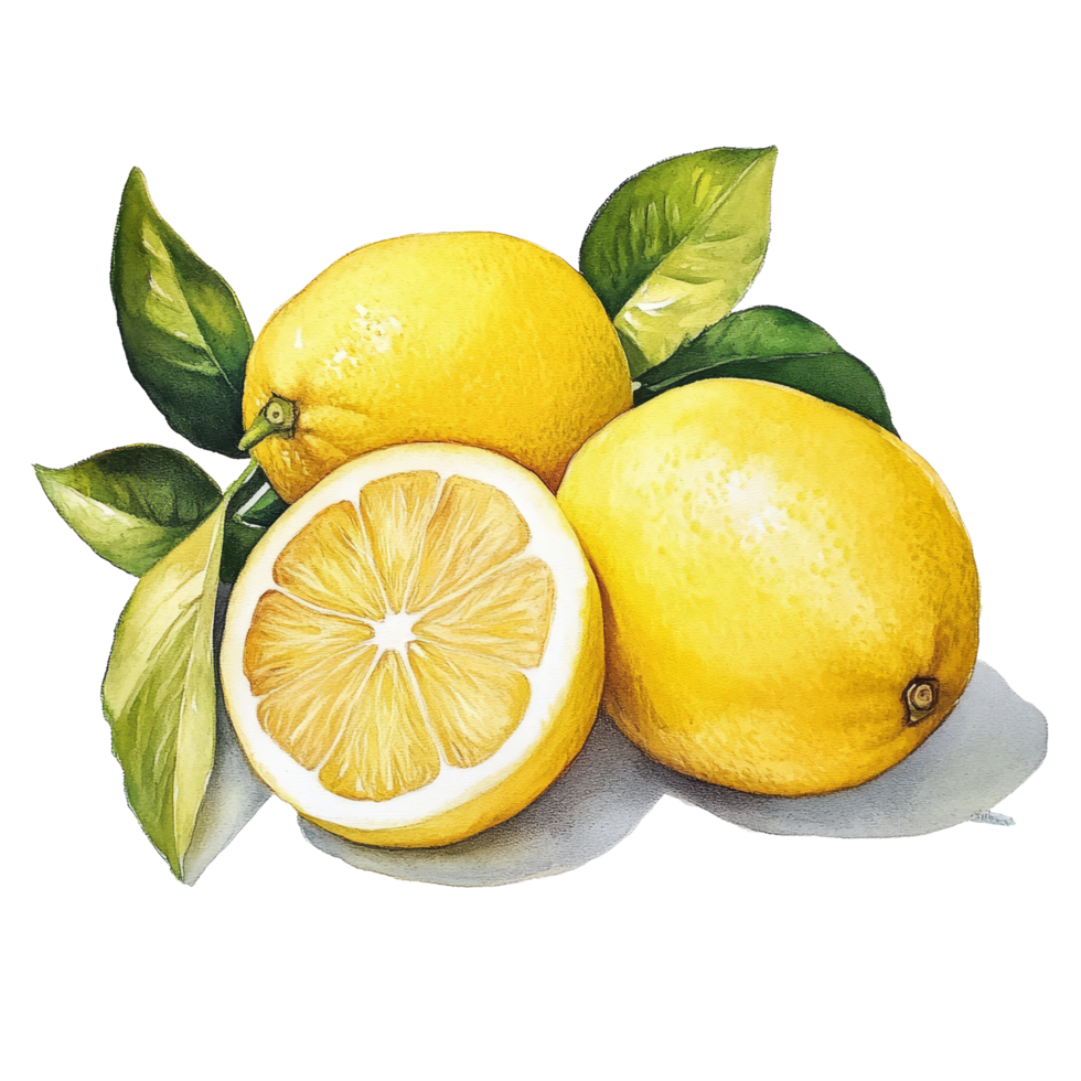 Fresh lemons arranged beautifully on a transparent background showcasing their vibrant yellow color and green leaves, Lemons on transparent background png