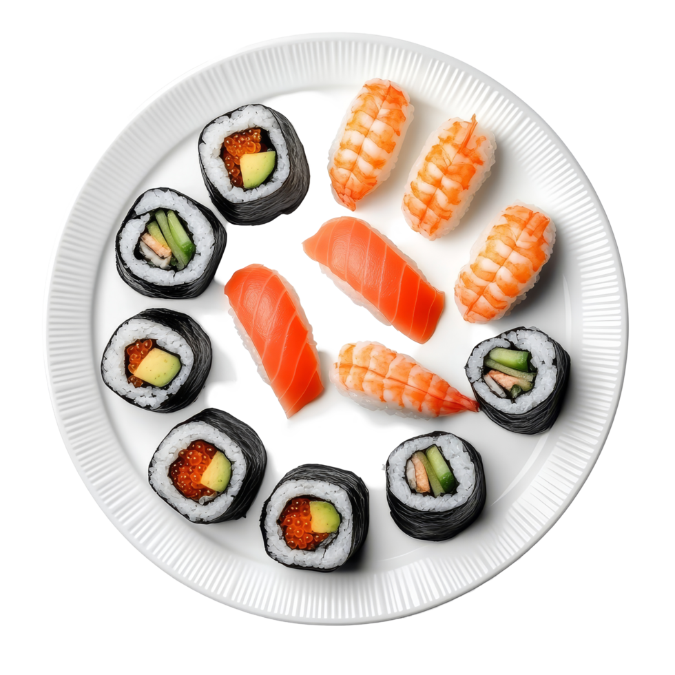 Delicious sushi assortment served on a transparent plate, featuring various rolls and sashimi ready for enjoyment, Sushi on plate isolated on transparent background png
