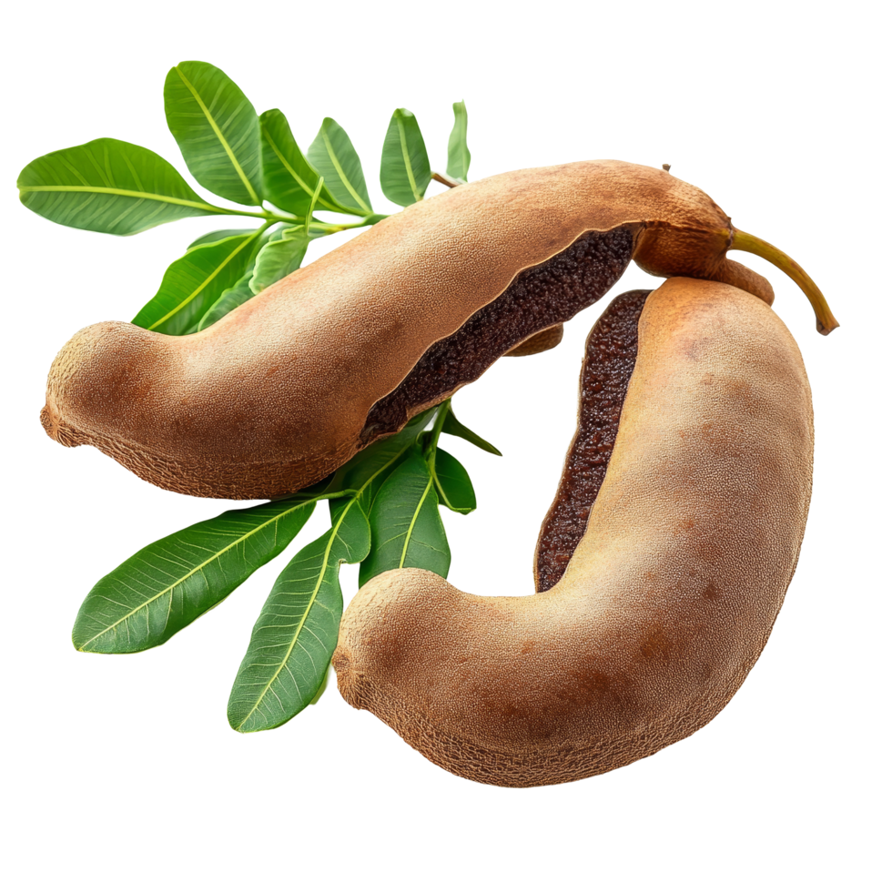 Ripe tamarind pods with green leaves isolated on a clean transparent background, ripe tamarind with leaf isolated on transparent background png