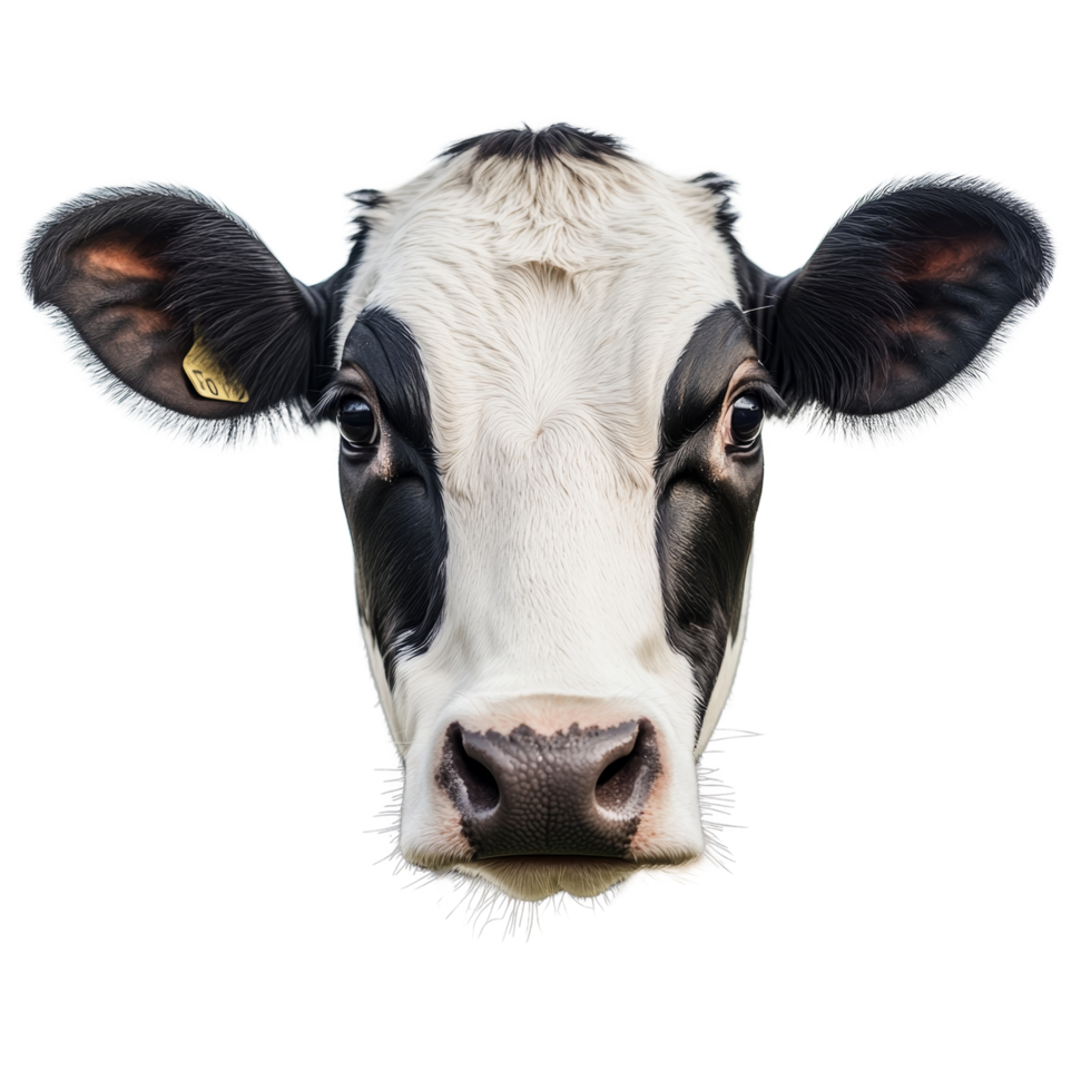 A closeup view of a cow against a transparent background highlighting its distinct black and transparent markings and inquisitive expression, snow pear top view on transparent background png