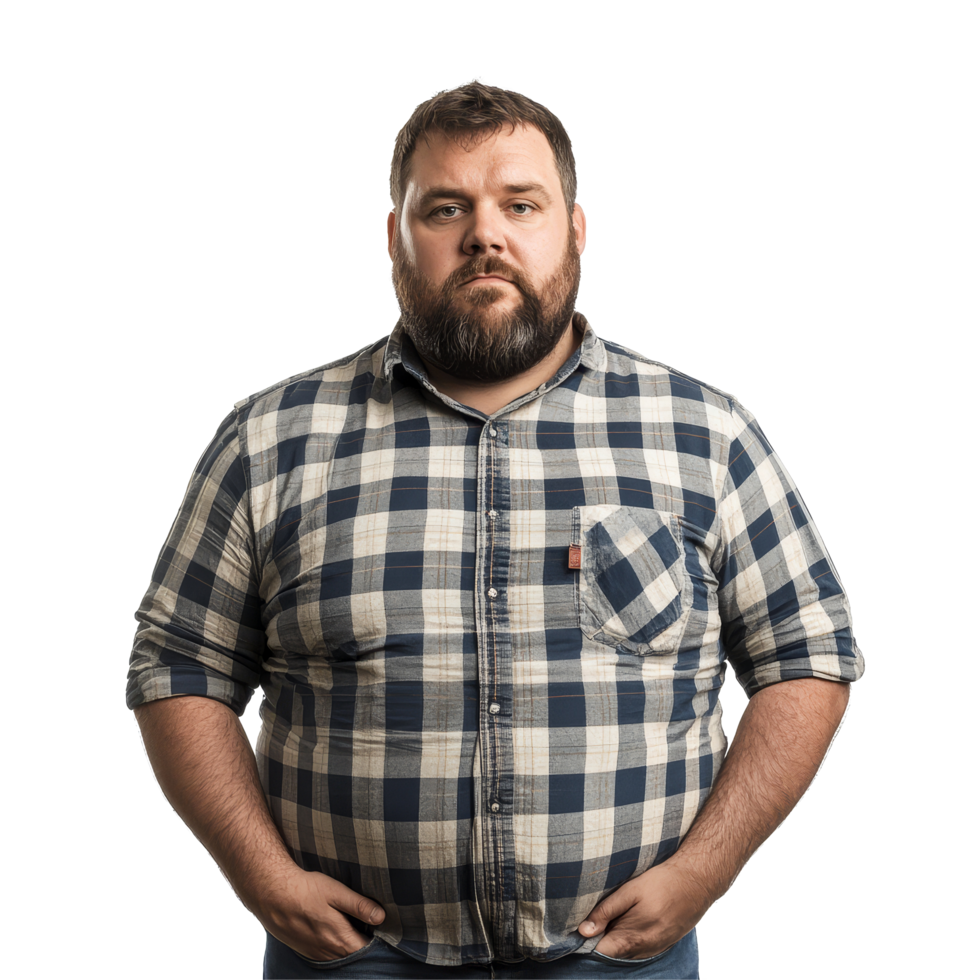 Portrait of an overweight man in a checked shirt against a transparent background, conveying confidence and selfacceptance, Overweight Man Portrait Isolated on transparent background png