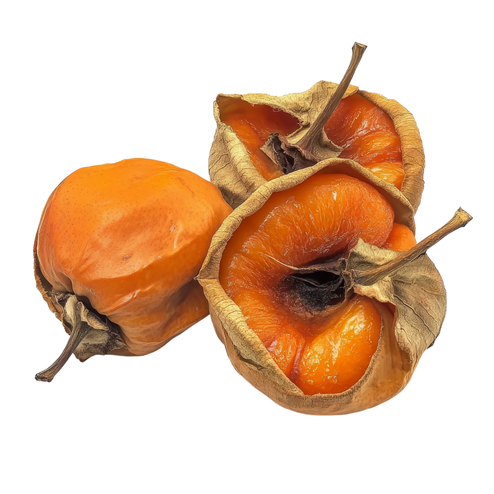 Dried persimmons arranged beautifully on a transparent background highlighting their unique texture and color, dried persimmon isolated on transparent background png