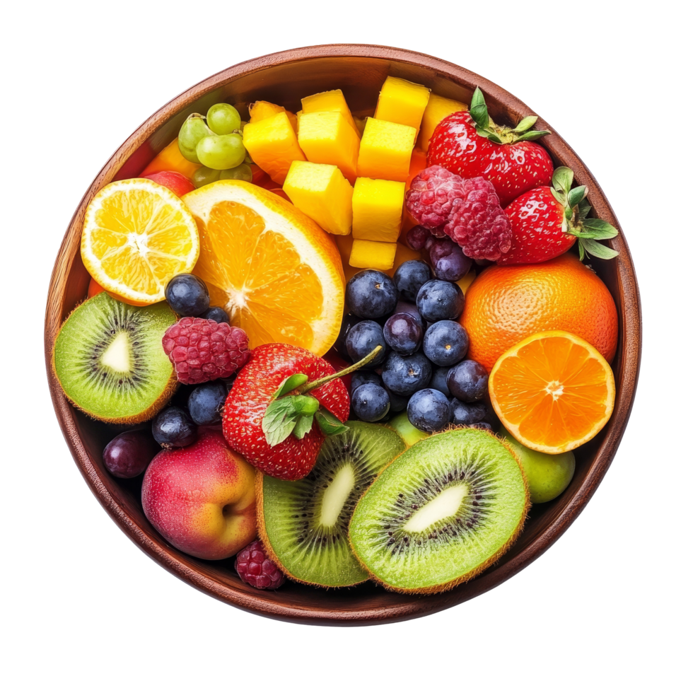 A vibrant healthy bowl filled with a variety of fresh fruits on a clean transparent background, Healthy bowl of fruits on transparent background png