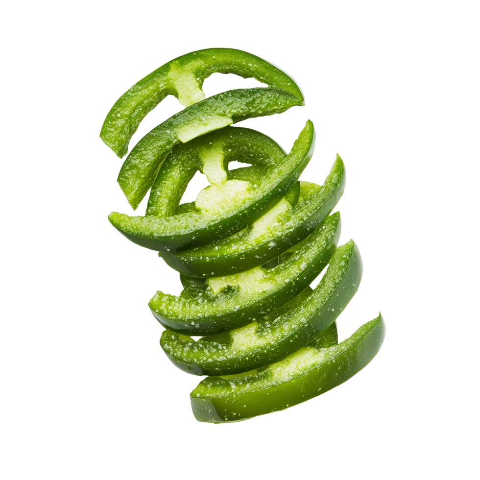 Freshly sliced green pepper arranged neatly on a clean transparent background, showcasing its vibrant color and texture, pepper sliced on transparent background png