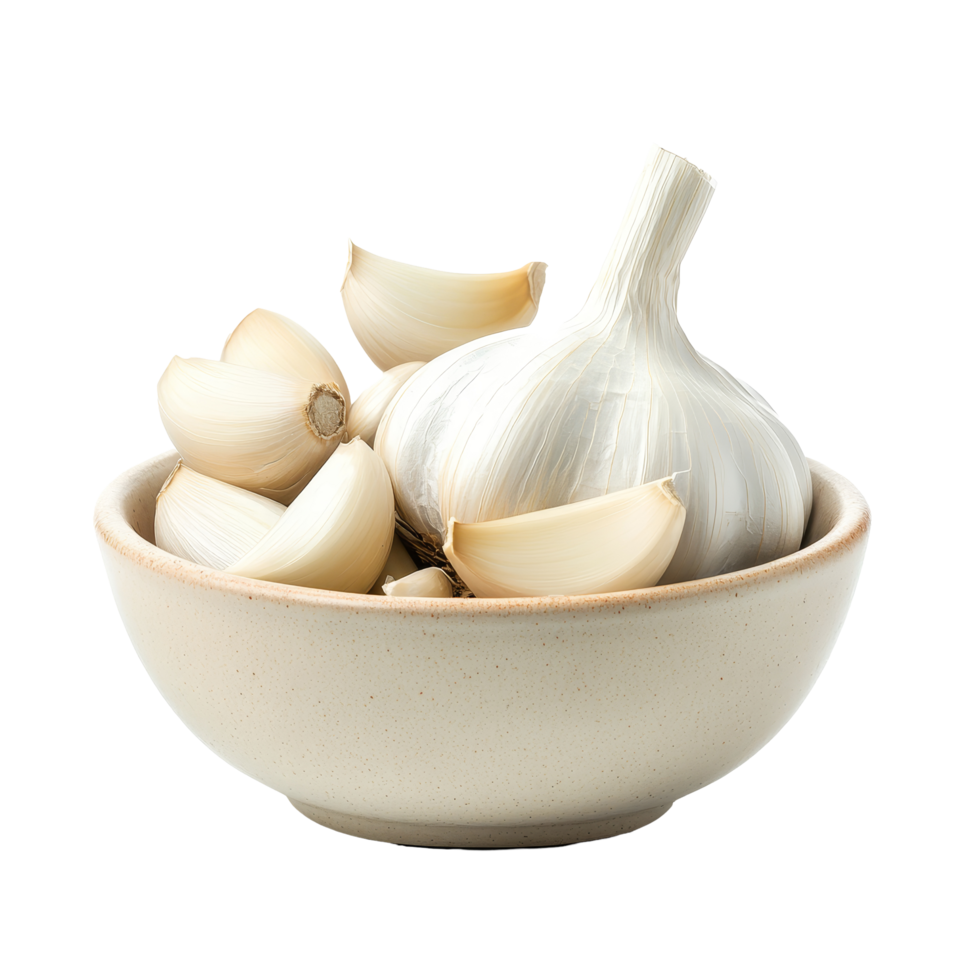 A fresh garlic bulb and peeled cloves displayed in a simple bowl against a bright transparent background, Garlic in a bowl isolated on transparent background png
