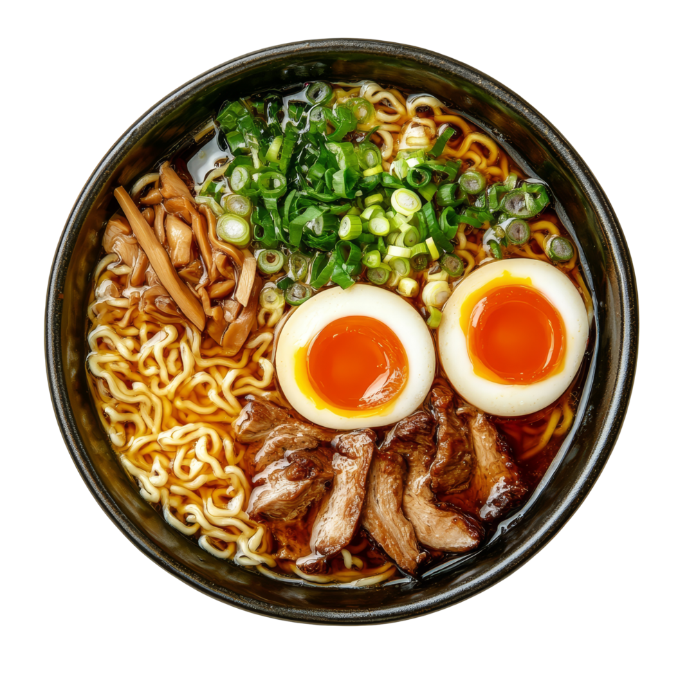 A delicious bowl of ramen with sliced meat, softboiled eggs, and green onions on a transparent background, Top View of a Delicious Ramen Bowl on transparent background png