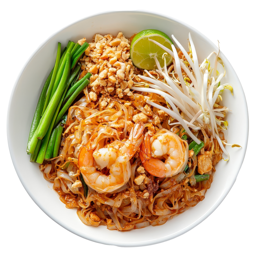 Top view of two delicious pad thai plates with shrimp, lime, and fresh herbs on a transparent table, Top view delicious two pad thai food plate on a transparent background png